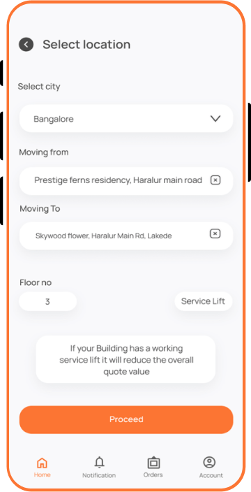 Packers and Movers App screen